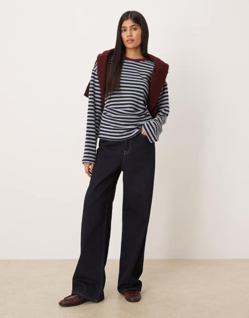 ASOS DESIGN - Maglietta super morbida a maniche lunghe con vita stile corsetto blu a righe, 4 di 4