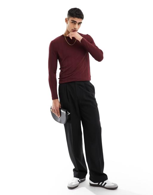 ASOS DESIGN - Maglietta testurizzata rosso vino a coste attillata a maniche lunghe