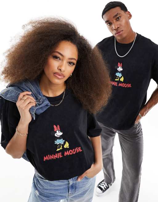 ASOS DESIGN - Maglietta unisex oversize nero slavato con stampa di Minnie
