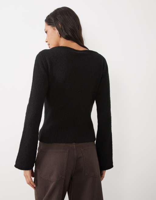 ASOS DESIGN maglione a coste con scollo asimmetrico e vita segnata nero, 4 di 4