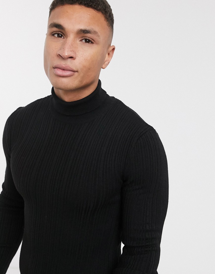 ASOS DESIGN - maglione a coste irregolari con collo alto attillato nero
