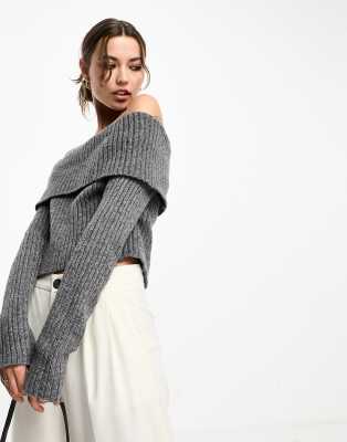 ASOS DESIGN - Maglione a coste spesse grigio antracite con spalle scoperte