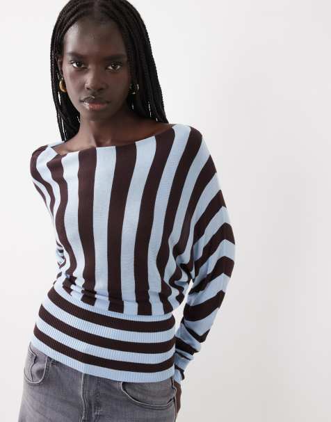 ASOS DESIGN maglione a maglia fine con spalle scoperte e vita sagomata a righe cioccolato e blu - view 1
