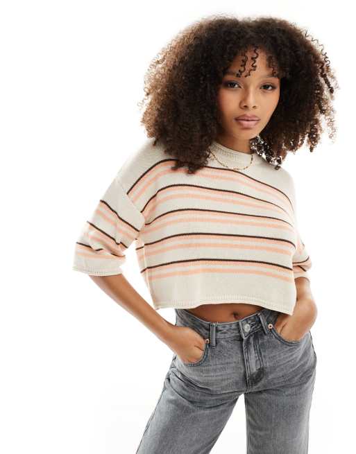 ASOS DESIGN - Maglione a maniche corte a righe colore neutro