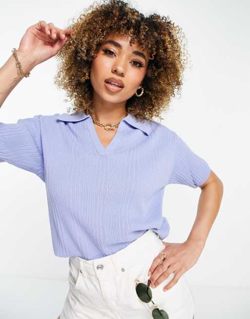 ASOS DESIGN - Maglione a maniche corte con colletto aperto blu in coordinato