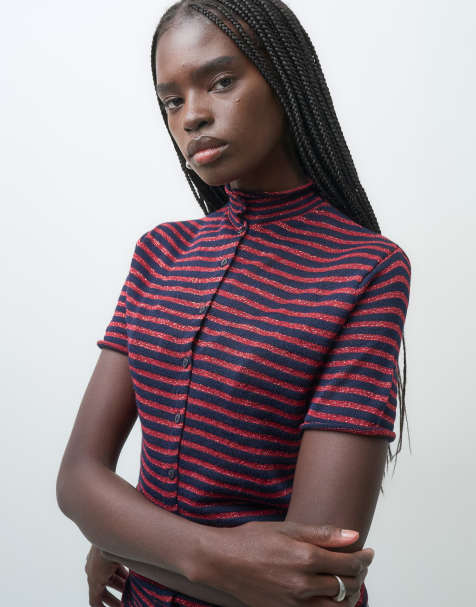 ASOS DESIGN maglione a maniche corte lavorato a maglia a righe rosse e blu navy - view 1