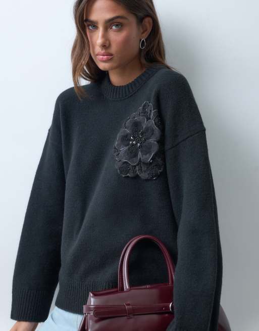 ASOS DESIGN maglione a maniche lunghe con dettaglio ricamo floreale nero, 1 di 5