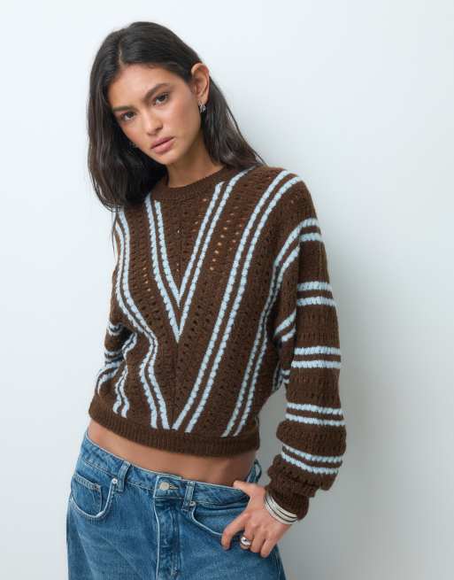 ASOS DESIGN maglione a maniche lunghe con righe diagonali marroni e blu, 2 di 5
