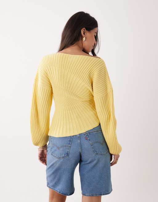 ASOS DESIGN - Maglione a pieghe stretto in maglia giallo latticello, 4 di 4