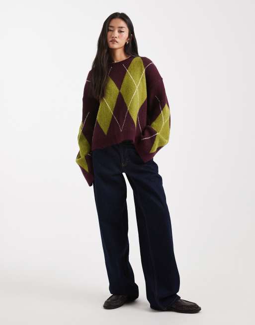 ASOS DESIGN - Maglione a rombi in maglia soffice color prugna, 2 di 4