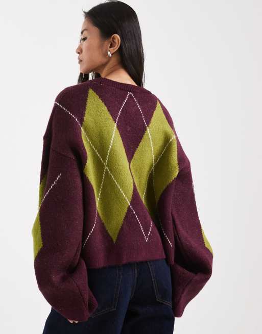 ASOS DESIGN - Maglione a rombi in maglia soffice color prugna, 3 di 4