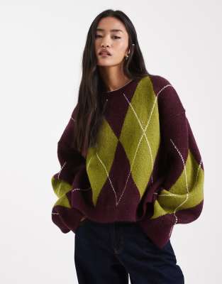 ASOS DESIGN - Maglione a rombi in maglia soffice marrone