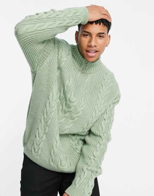 ASOS DESIGN - Maglione a trecce con cerniera lampo corta, colore verde