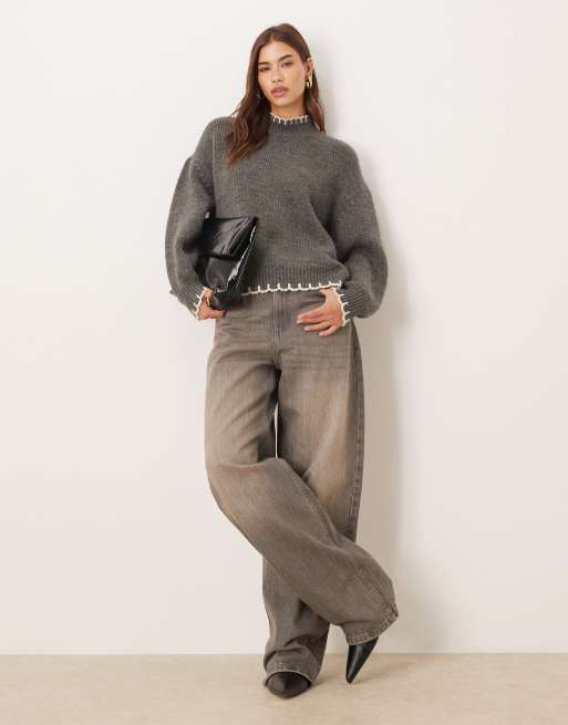 ASOS DESIGN - Maglione accollato color antracite con cuciture, 3 di 4