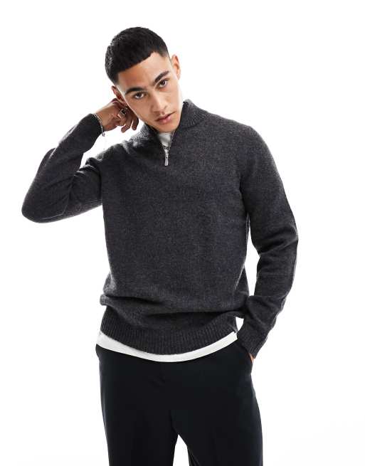 ASOS DESIGN - Maglione antracite in lana d'agnello con zip corta