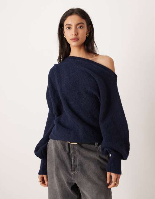 ASOS DESIGN - Maglione asimmetrico drappeggiato blu navy