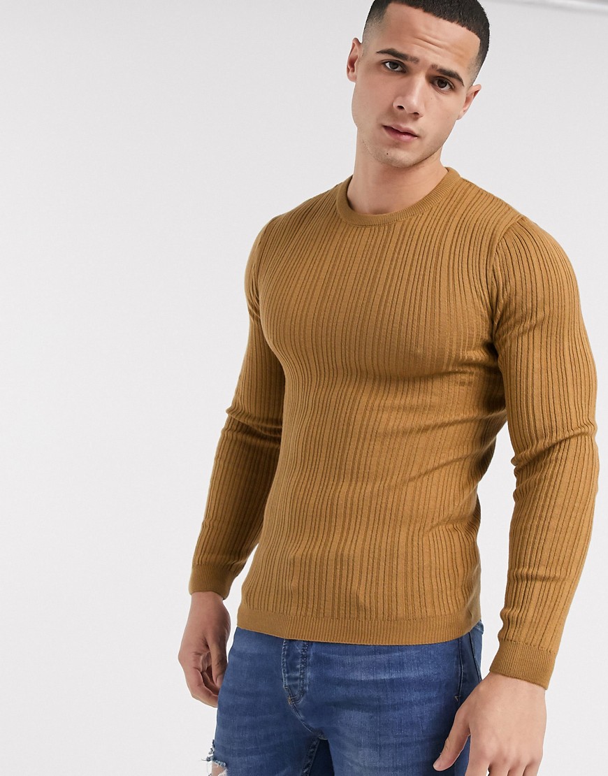 ASOS DESIGN - maglione attillato color cuoio a coste irregolari