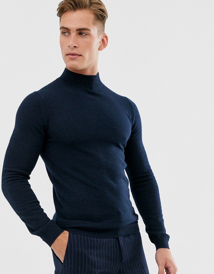 ASOS DESIGN - Maglione attillato con collo alto in lana merino blu navy