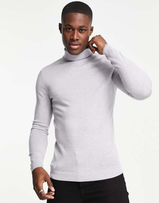 ASOS DESIGN - Maglione attillato grigio chiaro in lana merino con collo alto