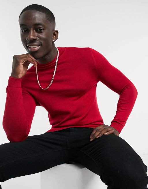 ASOS DESIGN - Maglione attillato in lana merino con collo alto rosso