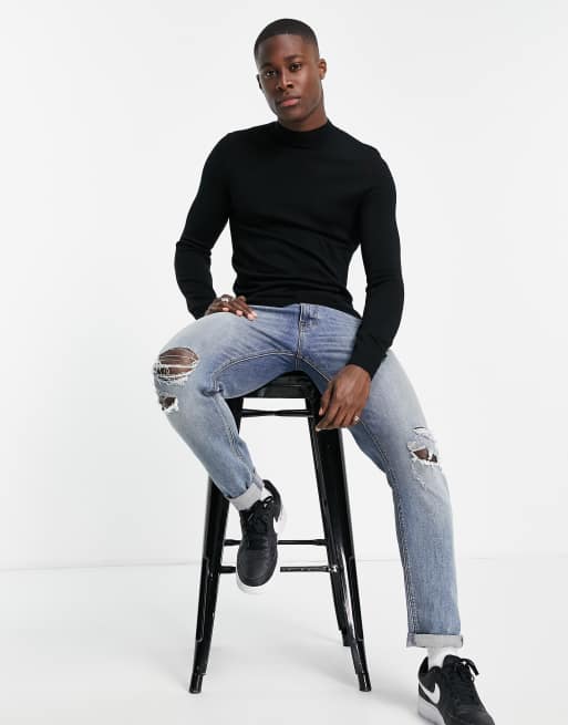 ASOS DESIGN - Maglione attillato in lana merino nero con collo alto, 4 di 4