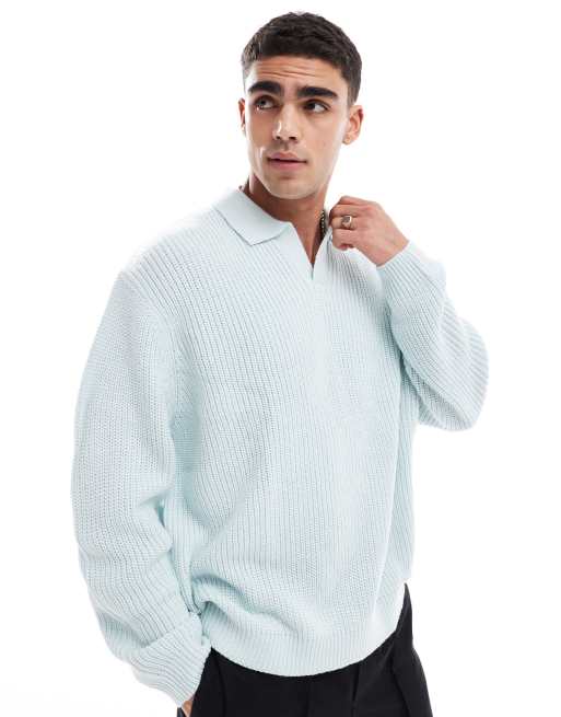 ASOS DESIGN Maglione azzurro oversize lavorato a coste inglesi con intaglio sul collo ASOS