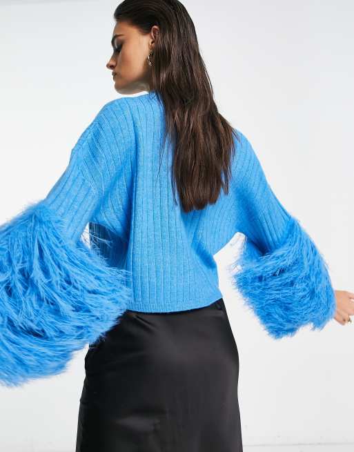 ASOS DESIGN - Maglione blu a coste con piume sulle maniche, 2 di 4