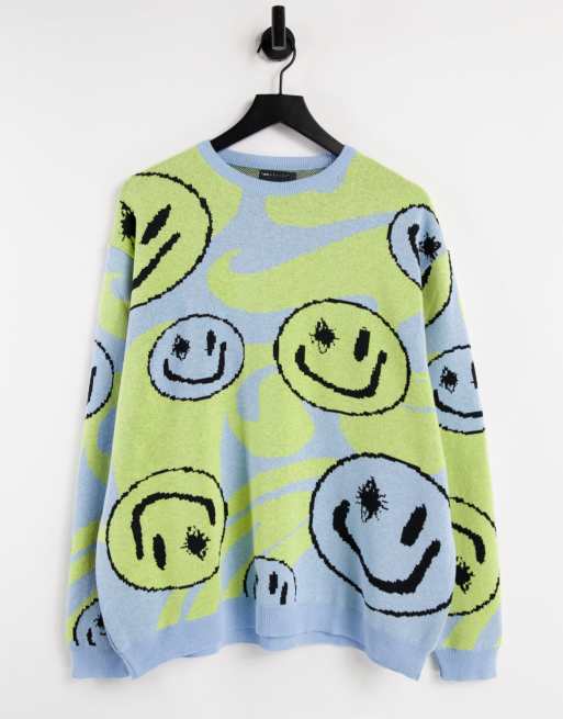 ASOS DESIGN - Maglione blu con motivo a faccine sorridenti