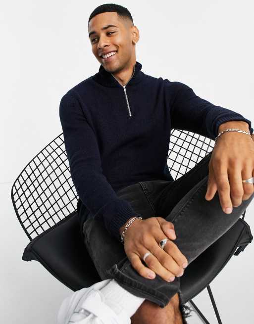 ASOS DESIGN - Maglione blu navy di media pesantezza in cotone con zip corta