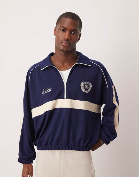 ASOS DESIGN - Maglione blu navy oversize squadrato con spalle scese, zip corta e stampa sul petto - view 1
