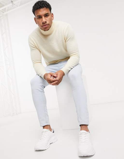 ASOS DESIGN - Maglione color avena in lana d'agnello a collo alto