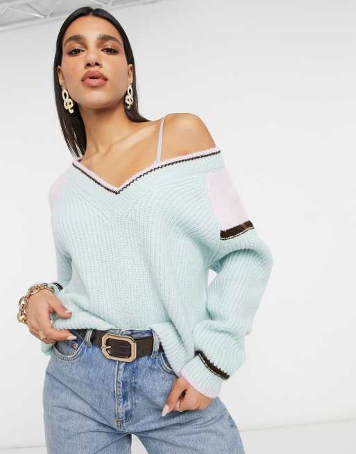 ASOS DESIGN - Maglione color block verde con scollo a V e profili a contrasto