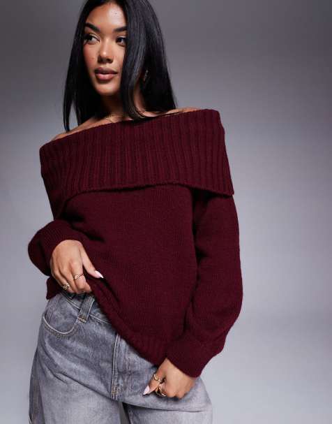 ASOS DESIGN - Maglione color bordeaux con spalle scoperte e scollo Bardot - view 1