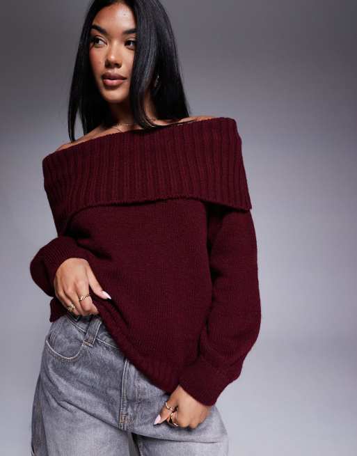ASOS DESIGN - Maglione color bordeaux con spalle scoperte e scollo Bardot