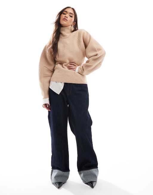 ASOS DESIGN - Maglione color cammello con maniche strutturate e collo a imbuto, 5 di 5