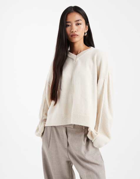 ASOS DESIGN - Maglione color crema con maniche ovoidali e scollo a V alto - view 1