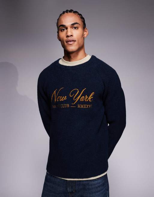 ASOS DESIGN - Maglione comodo blu navy a coste con grafica vintage di New York