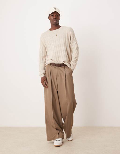 ASOS DESIGN - Maglione comodo color avena a coste larghe in lana d'agnello