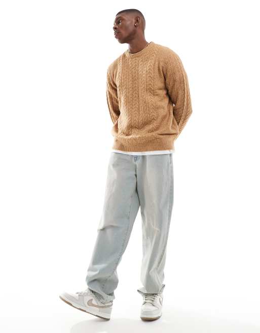 ASOS DESIGN - Maglione comodo extra largo girocollo color cuoio lavorato a trecce, 2 di 4
