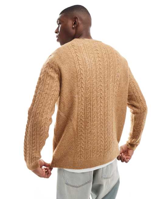 ASOS DESIGN - Maglione comodo extra largo girocollo color cuoio lavorato a trecce, 4 di 4