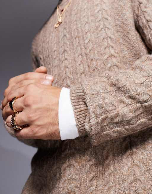 ASOS DESIGN - Maglione comodo extra largo girocollo color pietra lavorato a trecce, 3 di 4