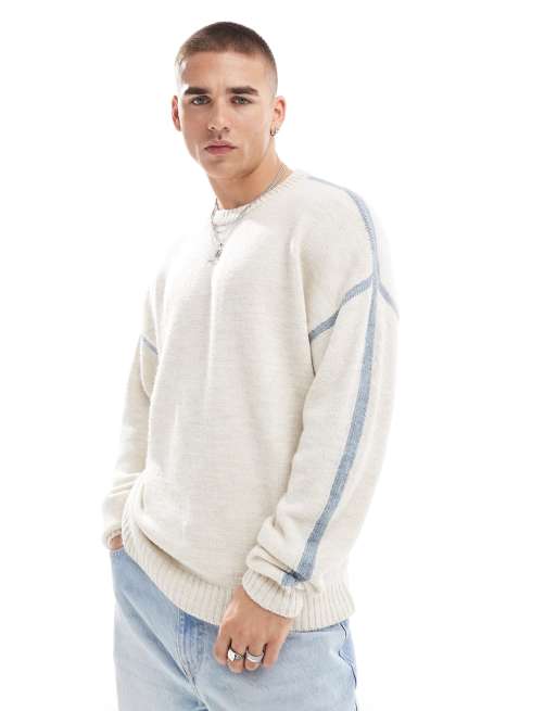 ASOS DESIGN - Maglione comodo in maglia écru con cuciture blu