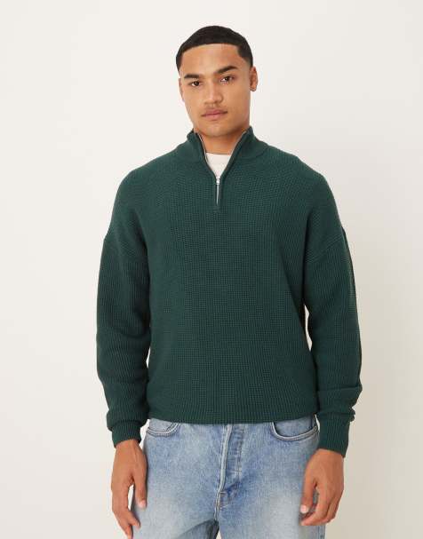 ASOS DESIGN - Maglione comodo in piqué verde scuro con collo a imbuto - view 1