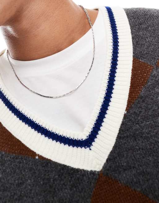 ASOS DESIGN - Maglione comodo squadrato in maglia grigio e marrone a rombi, 4 di 4