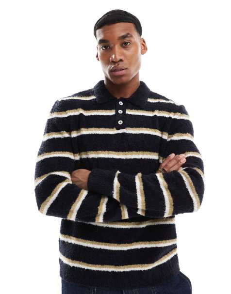 ASOS DESIGN - Maglione comodo testurizzato stile polo blu navy a righe - view 1
