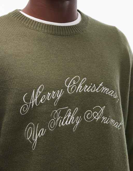 ASOS DESIGN - Maglione comodo verde con scritta Merry Christmas Ya Filthy Animal, 5 di 5