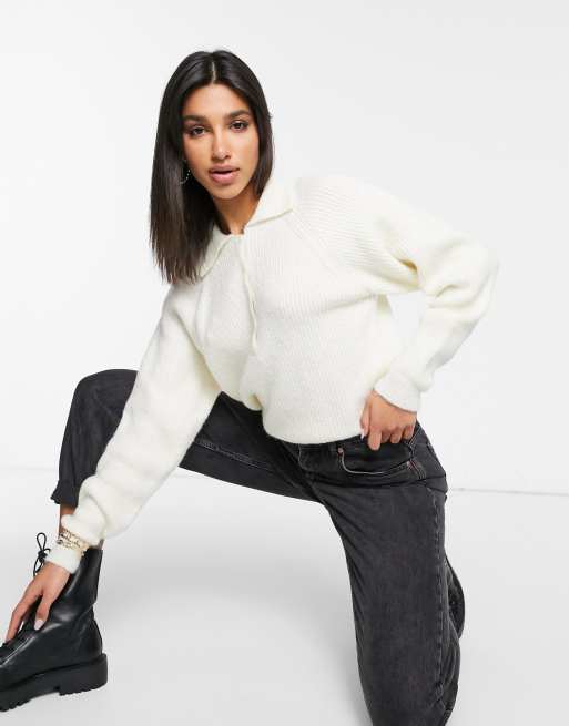 ASOS DESIGN - Maglione con colletto stile polo color crema