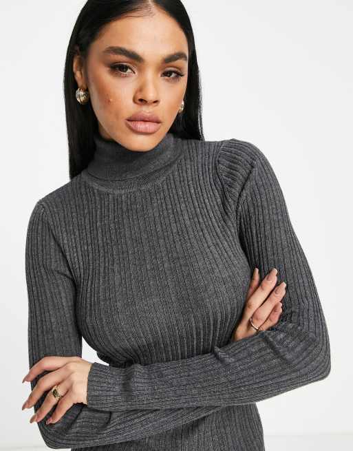 ASOS DESIGN - Maglione con collo alto a coste grigio scuro