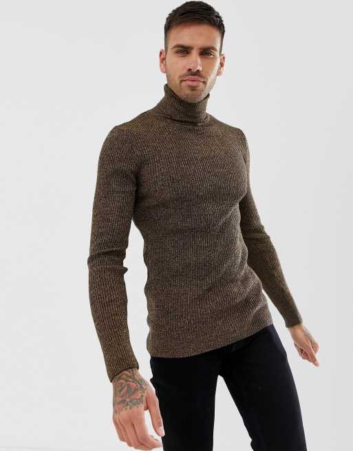 ASOS DESIGN - Maglione con collo alto attillato color cuoio mélange a coste, 3 di 4