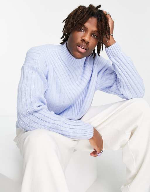 ASOS DESIGN - Maglione con collo alto oversize azzurro a coste incrociate